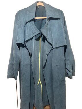 IKKS Women Paris Teal Belted Trench Coat Draped Collar Yellow Piping